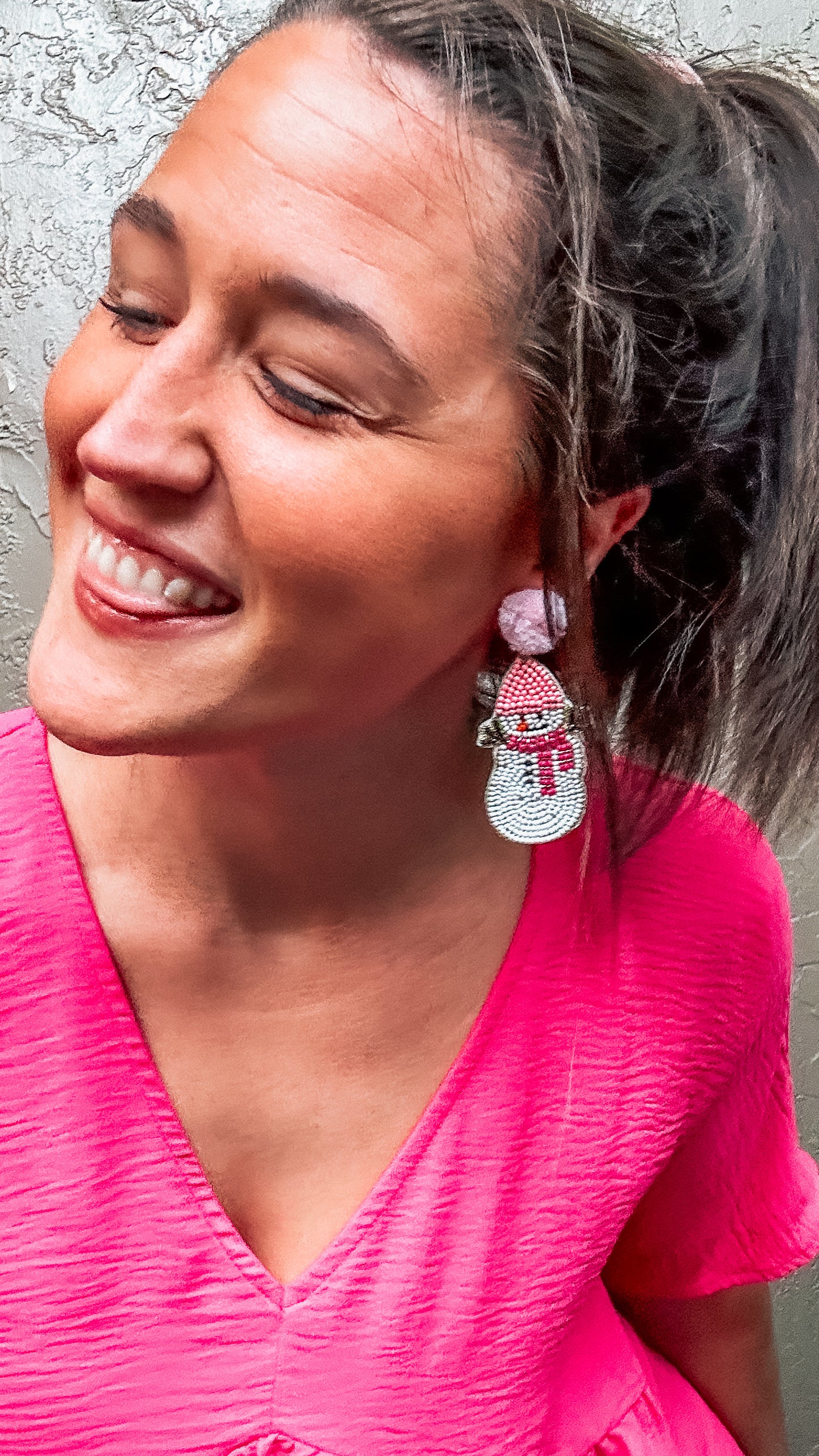 Pink Pom-Pom Snowman Beaded Earrings