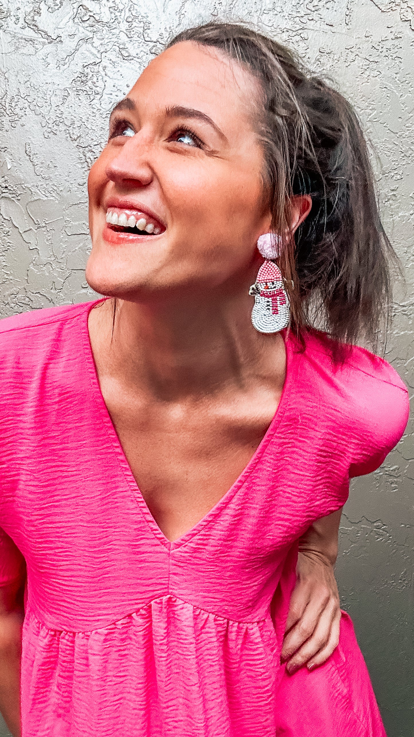 Pink Pom-Pom Snowman Beaded Earrings