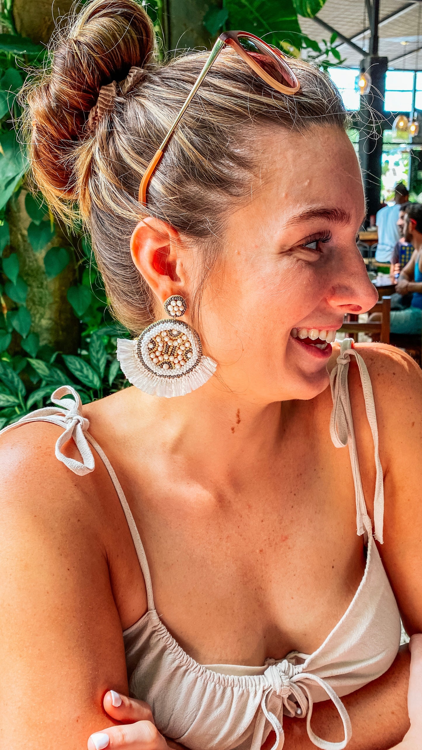 White Beaded Disc Earrings with Raffia Fringe