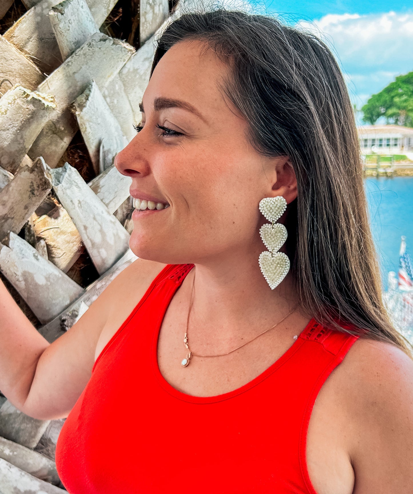 White Three Tiered Dangly Heart Earrings