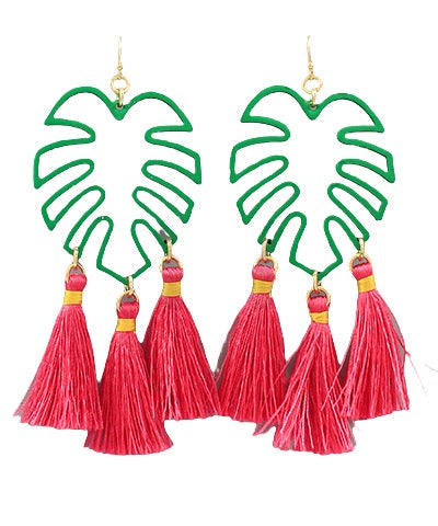 Palm Leaf Hot Pink Tassel Earrings