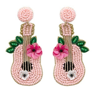 Pink Flower Guitar Beaded Earrings