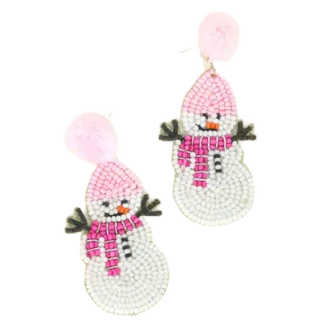 Pink Pom-Pom Snowman Beaded Earrings