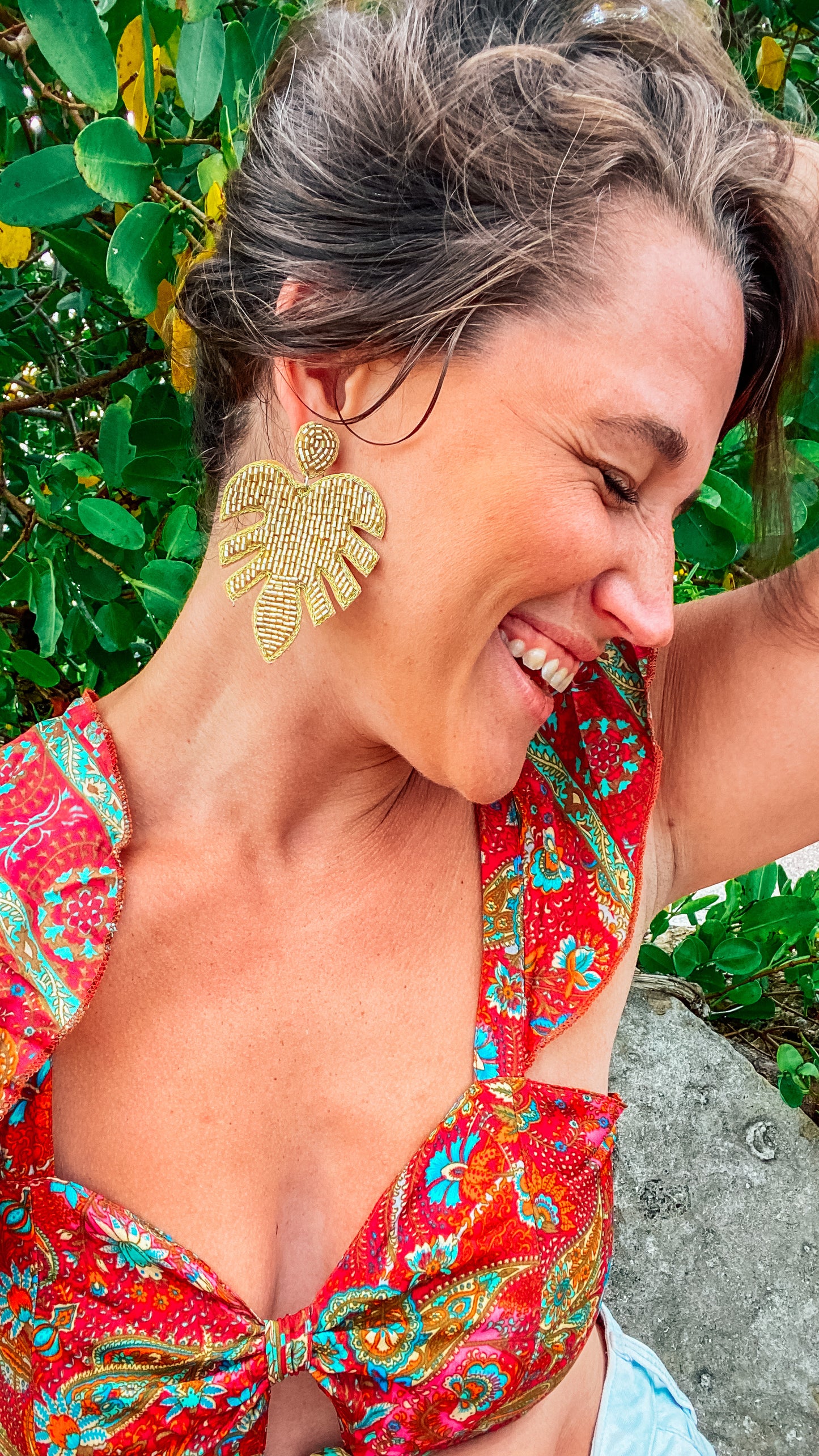 Gold Palm Leaf Beaded Earrings