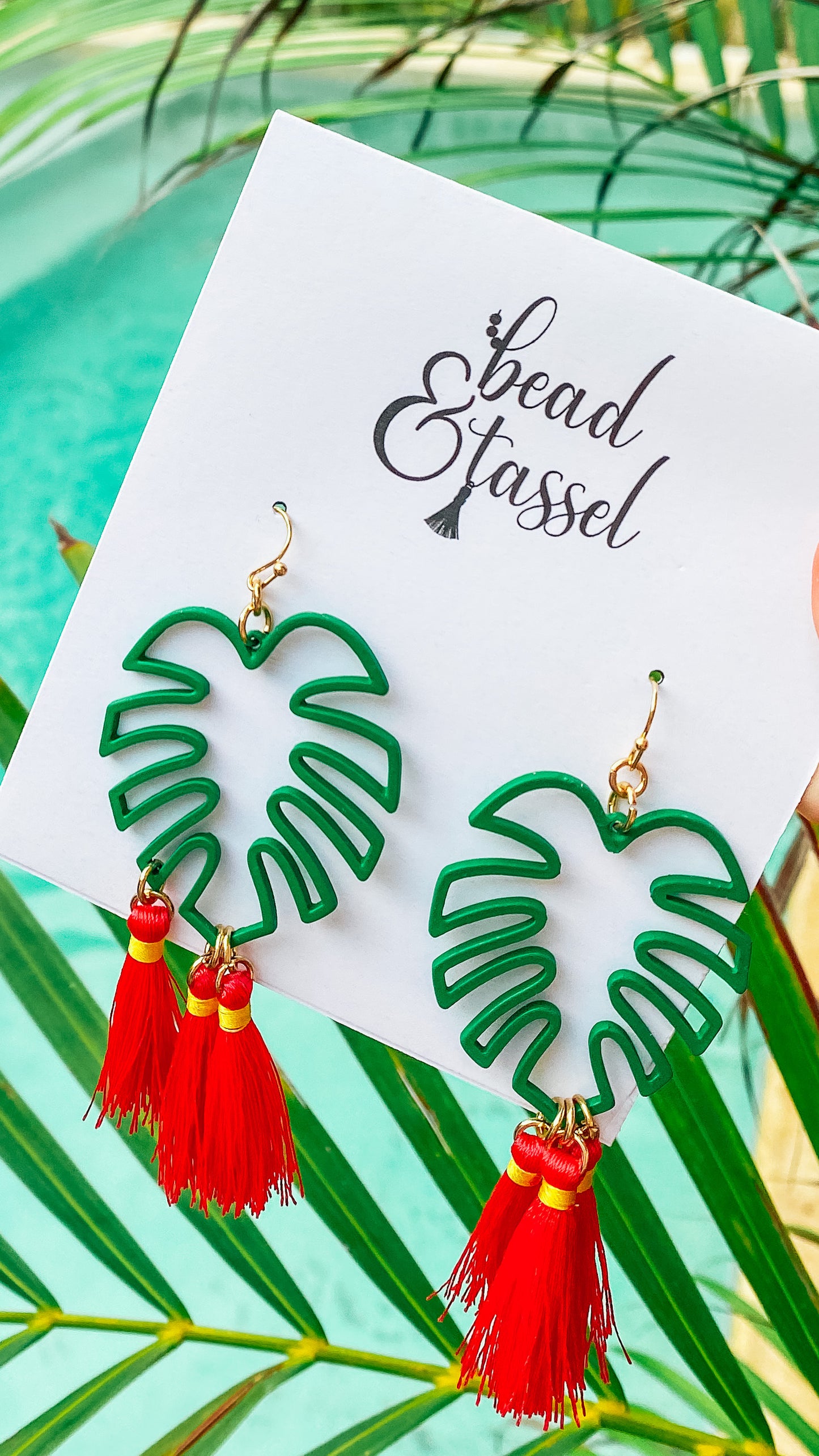 Palm Leaf Hot Pink Tassel Earrings