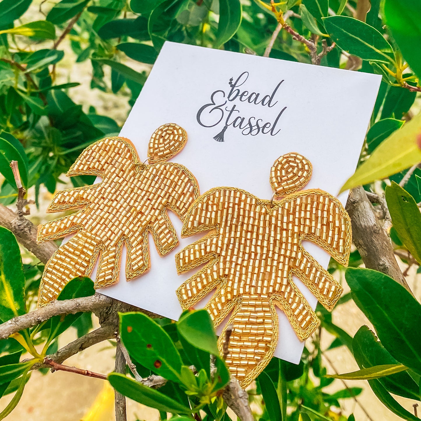 Gold Palm Leaf Beaded Earrings