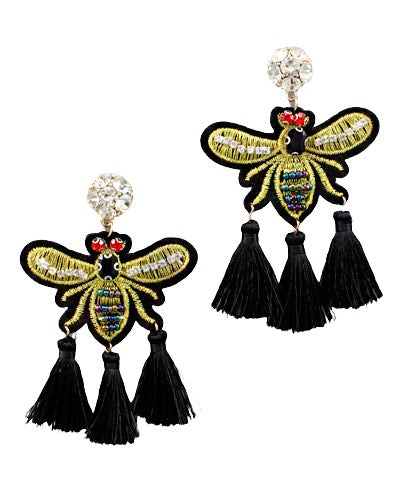 Black and Gold Bee Tassel Earrings