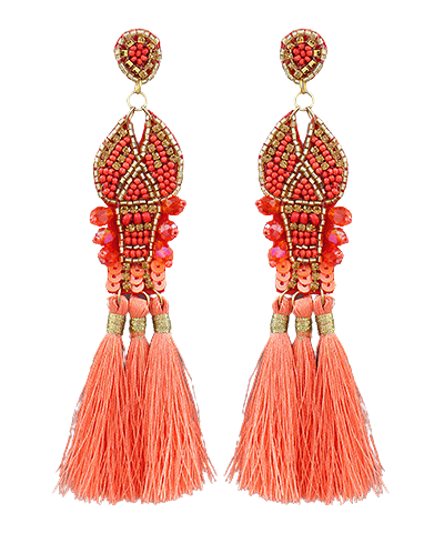Coral Crawfish Beaded Earrings with Tassels