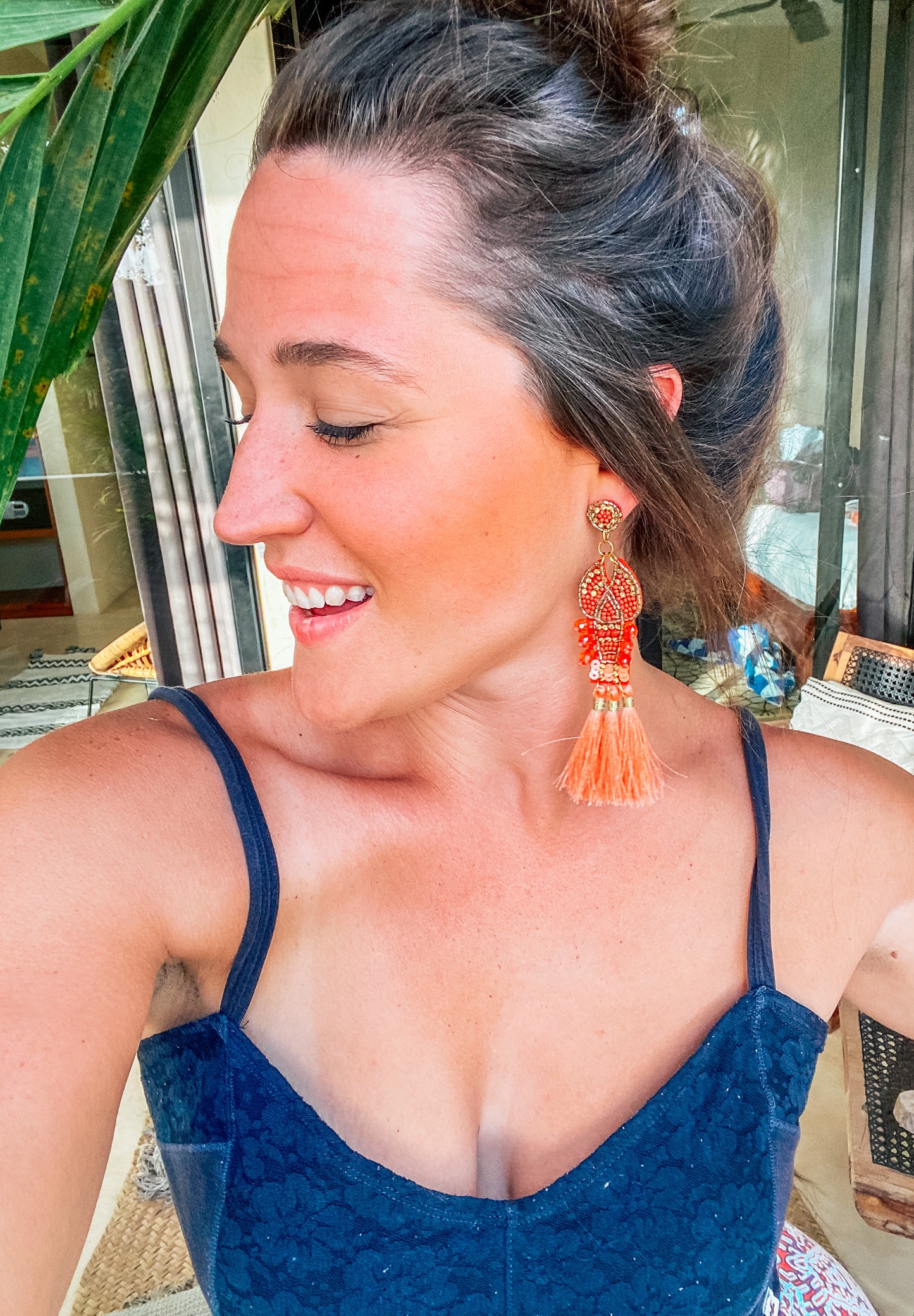 Coral Crawfish Beaded Earrings with Tassels