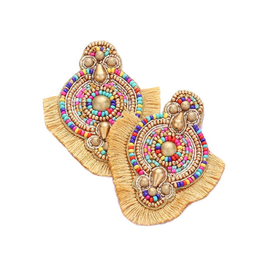 Multicolored Boho Earrings with Gold Fringe