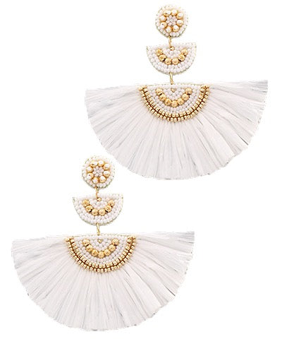 White Raffia Fringe Earrings