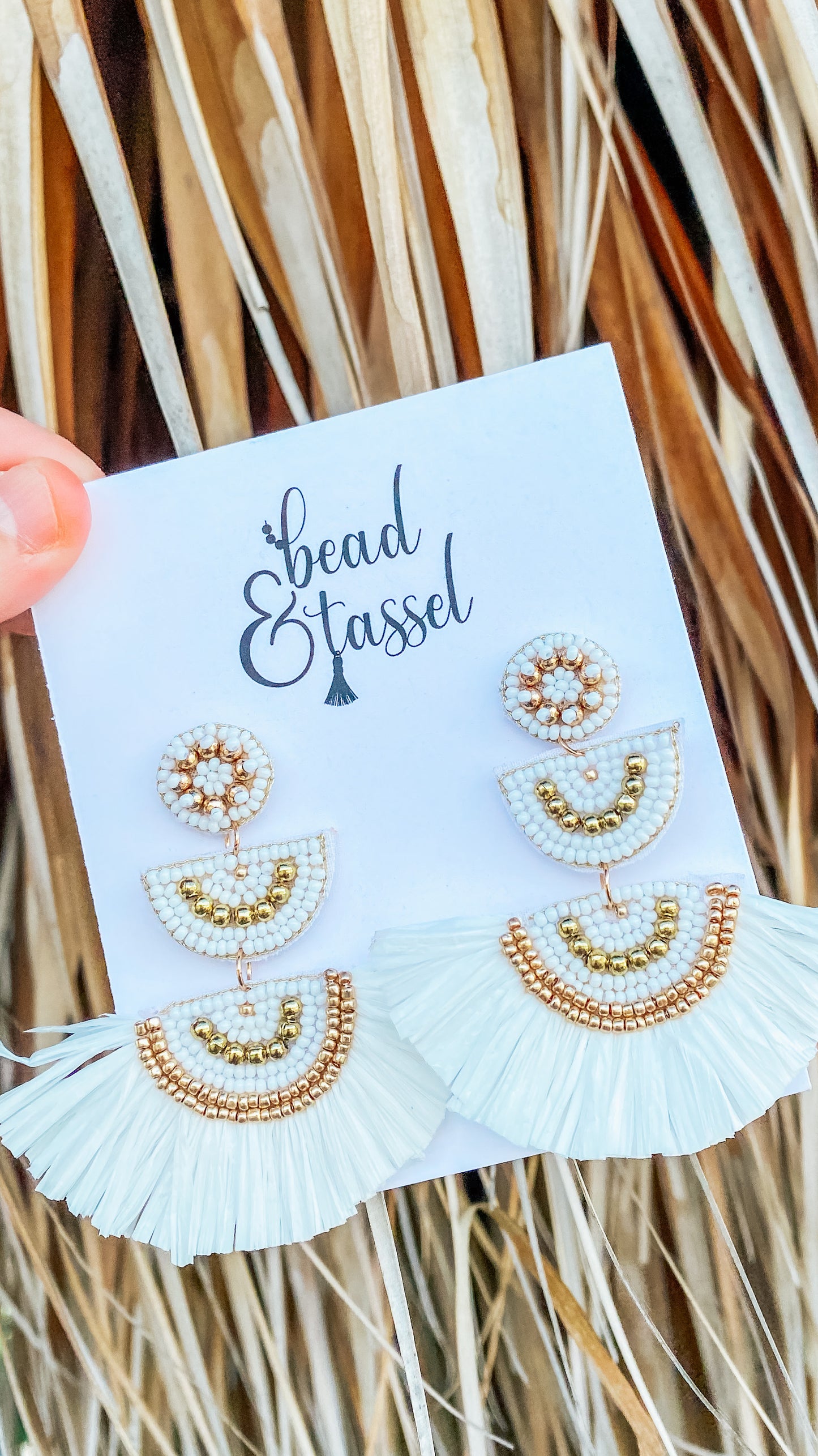 White Raffia Fringe Earrings