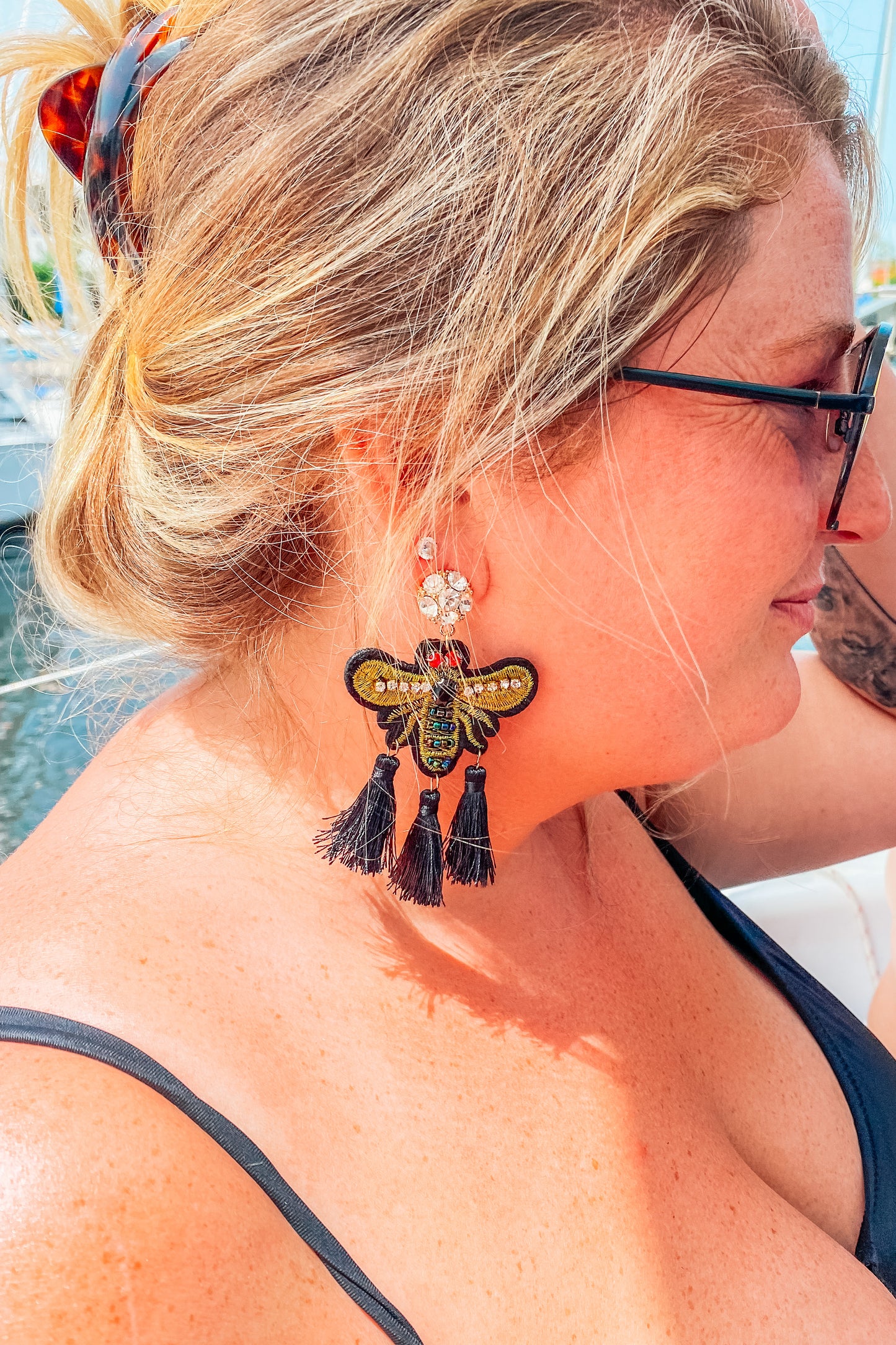 Black and Gold Bee Tassel Earrings