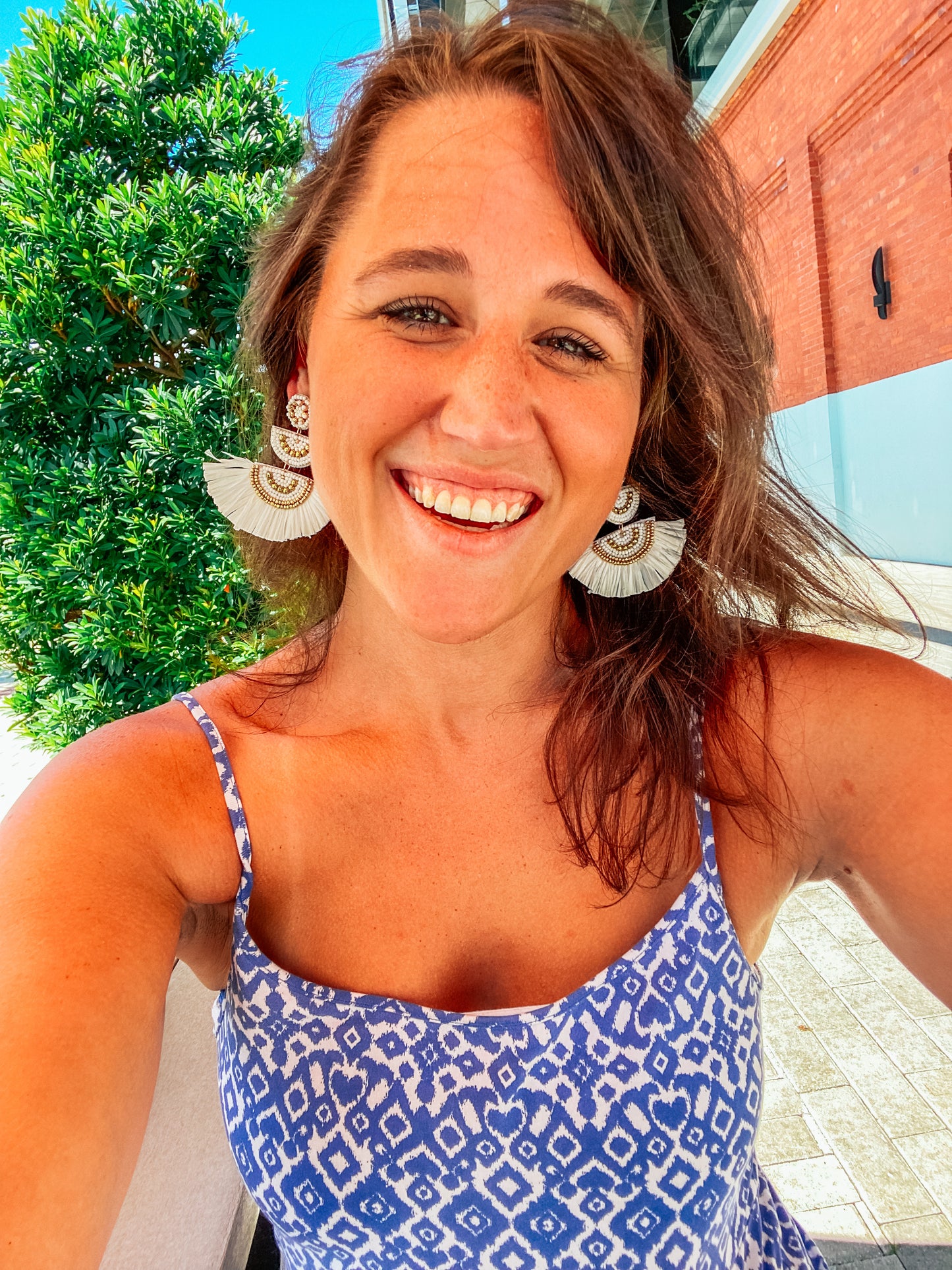 White Raffia Fringe Earrings